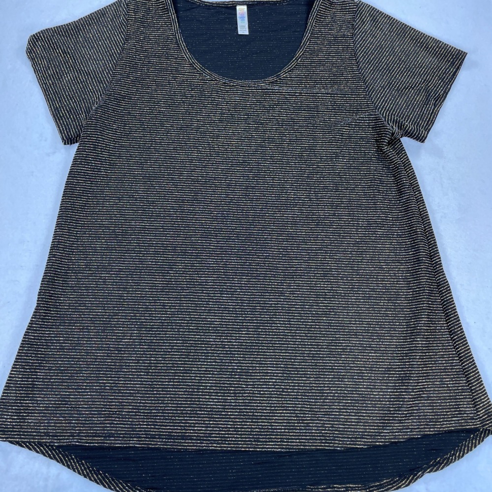 LuLaRoe Classic T Black Gold Metallic Striped High Low Top XL